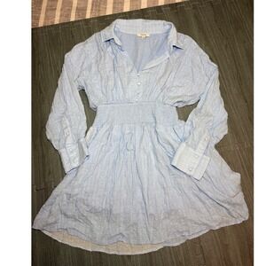 Fate Light Blue Swiss Dot Mini Dress Smocked Waist Long Sleeve Womens Size Small